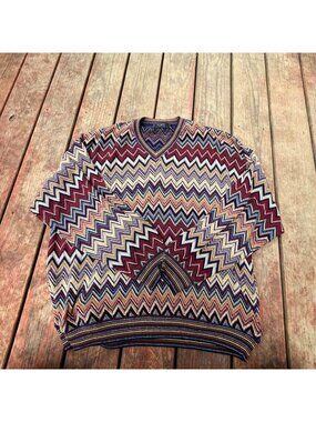 Raffi Mens Chevron V-Neck Sweater L Made In Italy Cotton Acrylic Blend